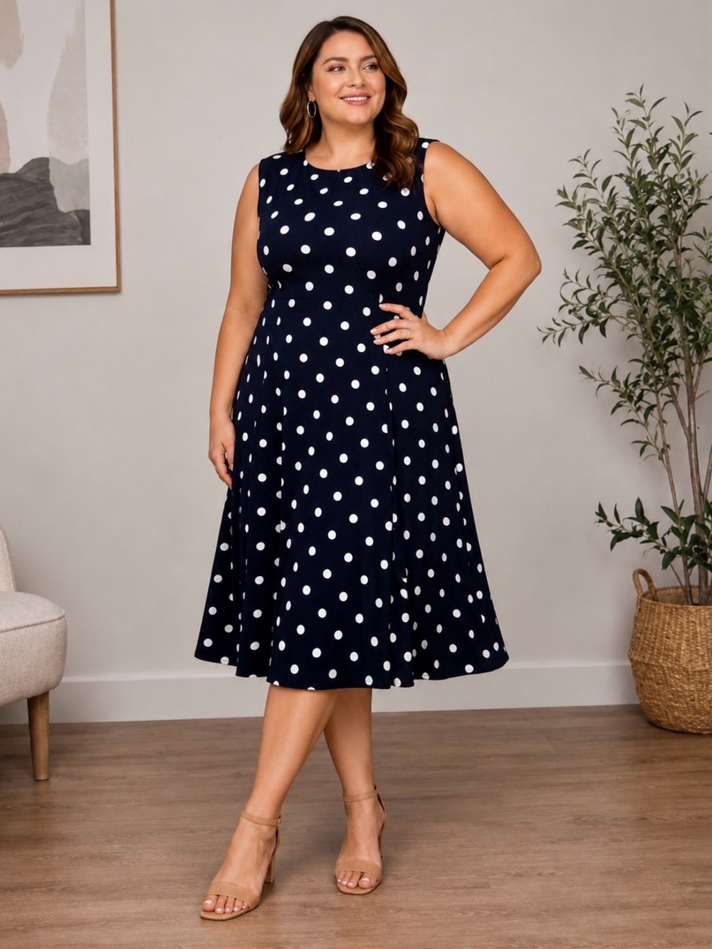 Lauren Ralph Lauren Black White Polka Dot Sleeveless Midi Dress Plus Size 18 W